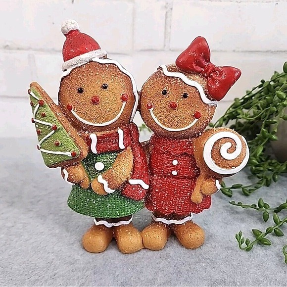 The Unbranded Brand Other - Gingerbread Couple Figurine Christmas Resin Peppermint Candy Tabletop Decor 7"